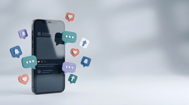 Smartphone with floating social media icons and chat bubbles