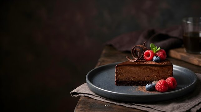 Chocolate cake with raspberries and blueberries on a plate