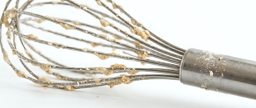 Dirty kitchen whisk with dried batter residue on wires and handle