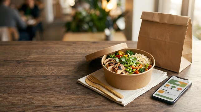 Healthy food bowl with salad and grains on wooden placemat near smartphone