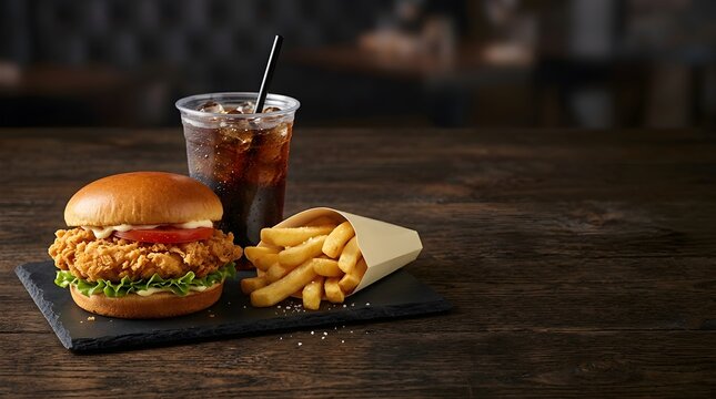 Juicy chicken burger with fries and iced drink on dark surface