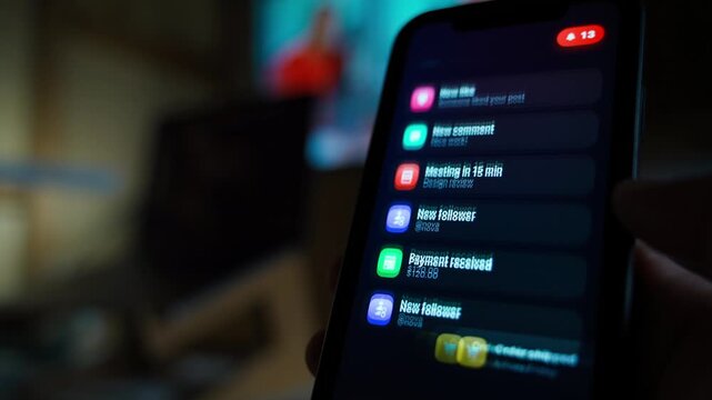 Hand holding smartphone in the dark receiving a lot of notifications
