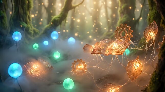 Glowing orbs suspended among forest trees with warm and cool light