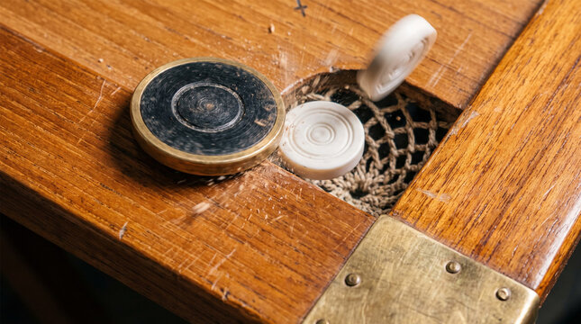 Action Close Up Playing Carrom Board Striker Hitting White Coin Into Corner Pocket Net