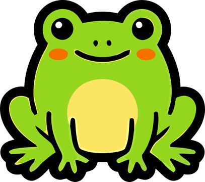 A cute cartoon green frog illustration with a happy smiling face isolated on a solid black background