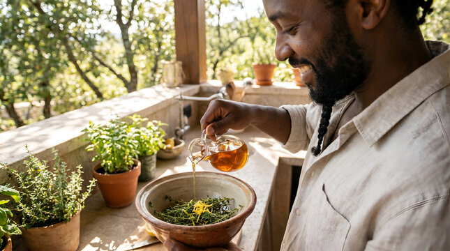 Smiling man mixing natural cosmetic ingredients inside bowl on outdoor sunny balcony