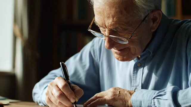 Elderly Caucasian Man Composing Handwritten Memoirs at a Wooden Desk for Senior Home Education, Journaling for Seniors, and Brain Health Activity Blogs video