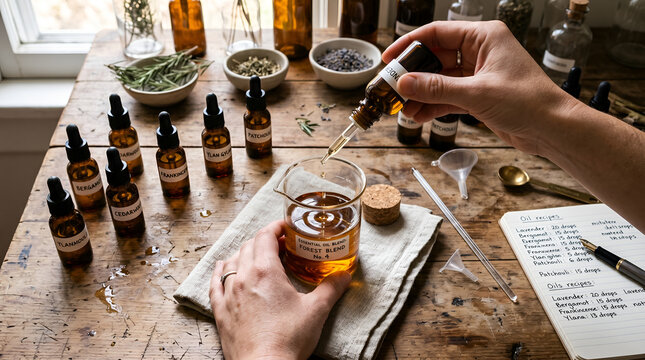Person hands formulating custom essential oil blend on rustic wooden workshop table