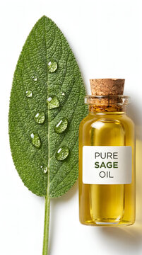 Fresh sage leaf with water drops beside small bottle of pure sage essential oil