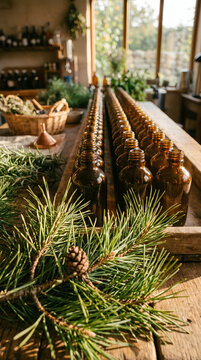 Green pine branch near multiple amber essential oil bottles aligned on wooden table