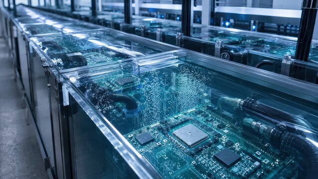 Computer circuit boards submerged in dielectric coolant, immersion cooling concept for data center infrastructure