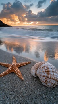 A tranquil seaside scene with starfish and shells at the water's edge, as the sun dips below the horizon.