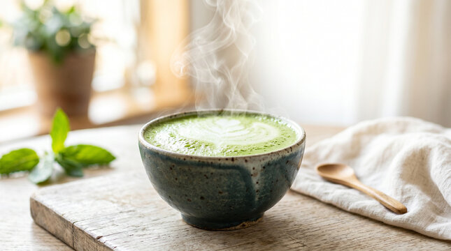 Steam rising from frothy matcha latte in rustic ceramic bowl  