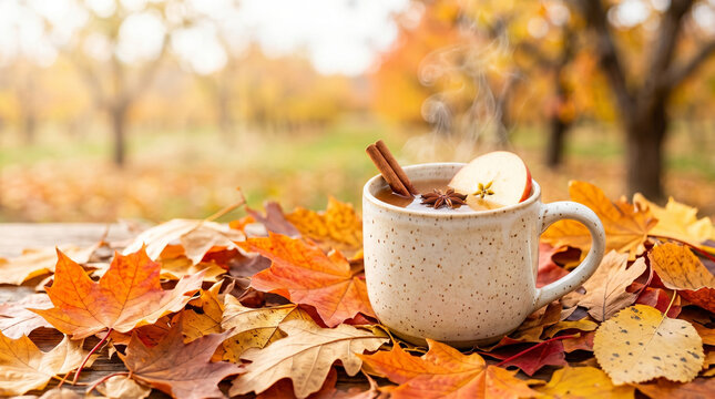 Steaming mug of warm apple cider resting on fallen autumn leaves  