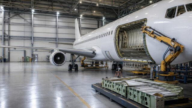 Aircraft fuselage assembled by robotic systems in hangar, automation concept for aerospace manufacturing