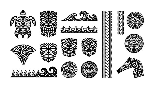 Polynesian Tribal Ornament Collection with Tiki Masks Waves Borders and Geometric Black Symbols