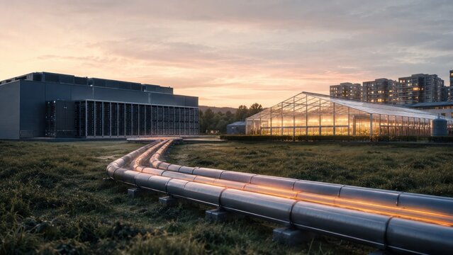 Pipeline transfers data center waste heat to greenhouse, energy reuse concept for sustainable infrastructure