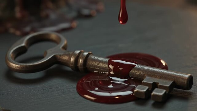Sinister 4K Slow Motion of a Vintage Metal Skeleton Key with Thick Red Blood Dripping and Pooling in a Dark Haunted Mystery Setting