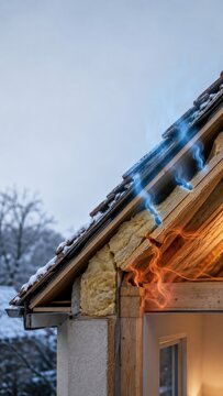 Heat escapes through poorly insulated roof in winter, thermal efficiency concept for residential building renovation