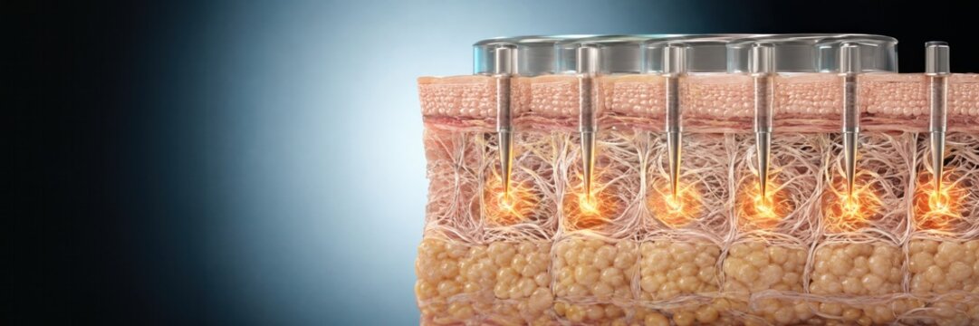 RF microneedling needles heat skin around hair follicles, collagen stimulation concept for aesthetic dermatology