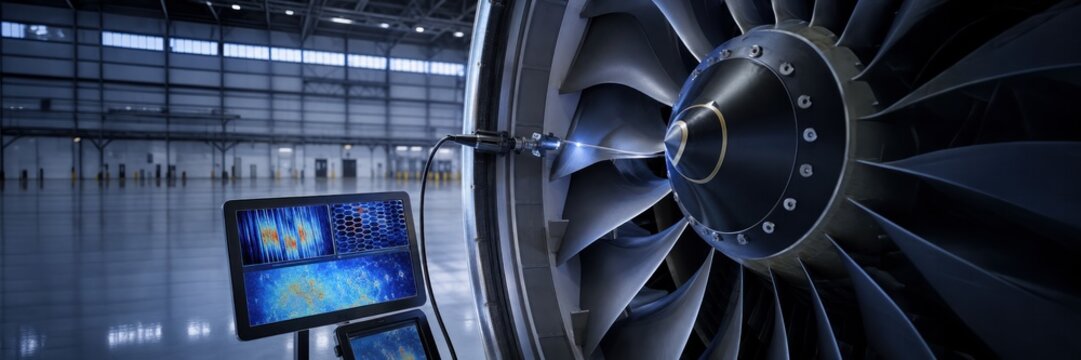 Jet engine inspected with thermal imaging monitor in aircraft hangar, predictive maintenance concept for aviation industry