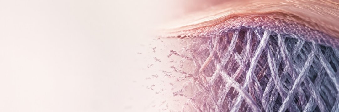 Close-up of damaged collagen fibers inside aging skin, collagen loss concept for dermatology and anti-aging education