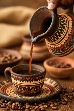 Traditional Ethiopian Coffee Pouring from Clay Jebena into Cup