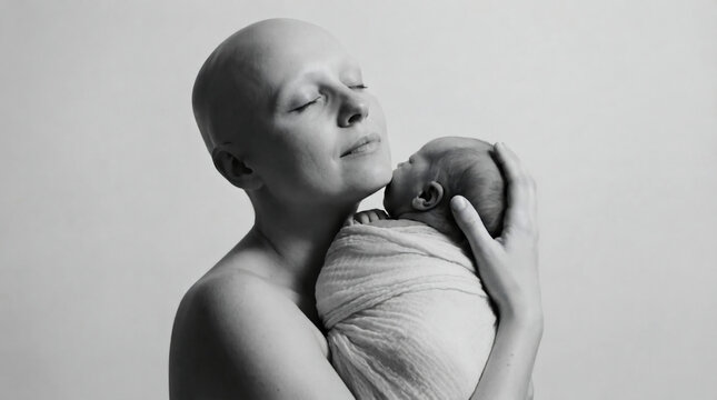 ​Black and white photo of a bald mother tenderly holding and embracing her swaddled newborn baby close to her cheek.
