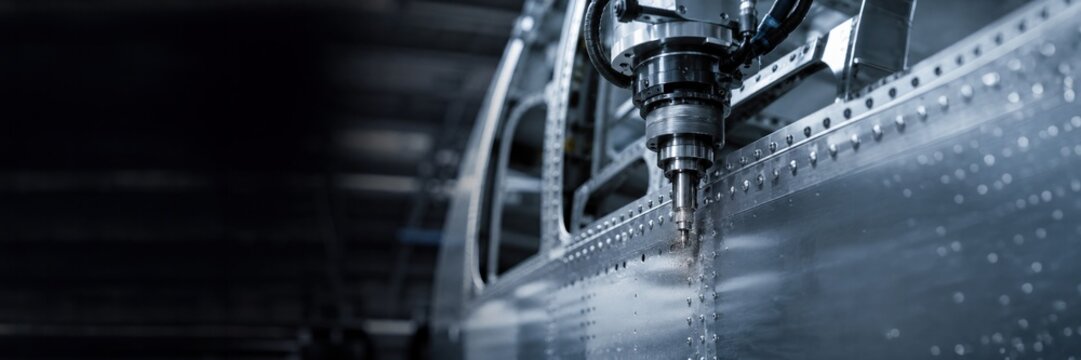 CNC machine drills precision holes in aircraft metal panel, automated machining concept for aerospace manufacturing