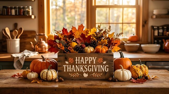 Happy Thanksgiving wooden crate centerpiece with pumpkins, gourds, and autumn flowers on rustic table