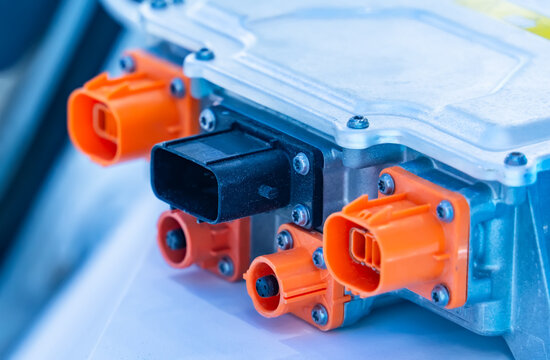 Electric Vehicle Control Unit installed on electric system of eco car engine, Automotive part concept.
