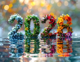 Nowy Rok 2028 utworzony z roślin symbolizujących cztery pory roku zimę, wiosnę, lato i jesień. Kolorowy napis Nowy Rok. Karta rozpoczynająca kalendarz. Szczęśliwego Nowego Roku.  © Anita