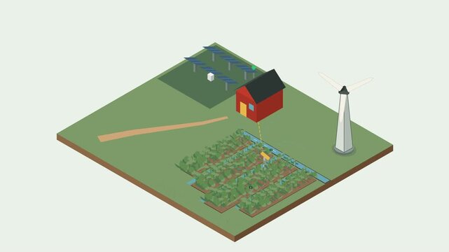 Animated isometric smart farm illustration featuring a tractor, crops, irrigation system, solar panels, and wind turbine.