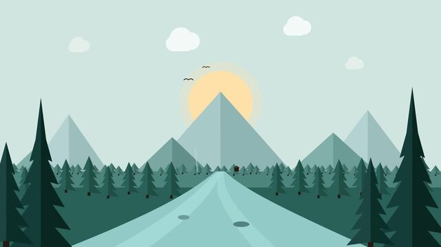 Animated layered flat illustration of a forest landscape with sun, clouds, mountains, trees, river, and foreground depth.