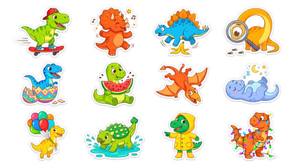 Naklejka premium Cute cartoon dinosaur sticker set: twelve funny dino characters skateboarding, dancing and eating watermelon.