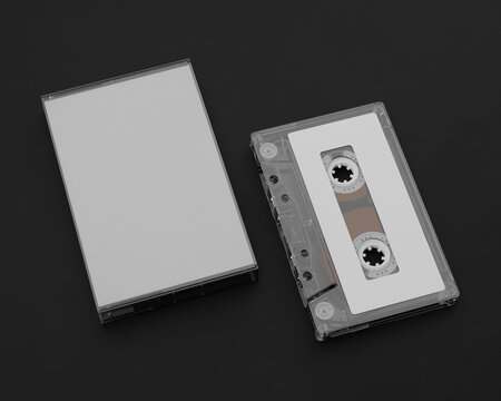3d render. A mock-up of an audio cassette with a box on a black background. Retro aesthetics, clean composition, ideal for design and media projects.