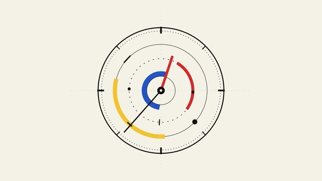 Animated Bauhaus inspired geometric clock constructed from circles, rectangles, lines, and bold primary color elements.