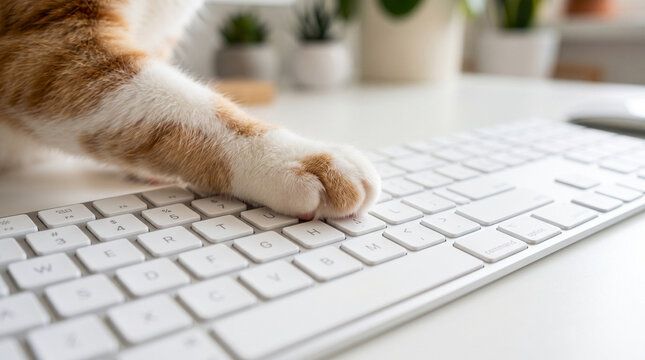 Cat paw on keyboard in a bright indoor workspace with plants  