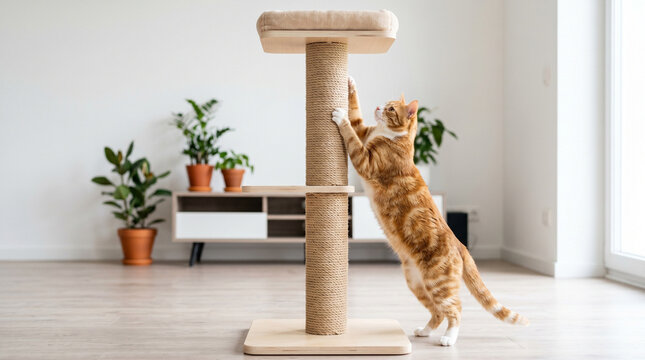 Orange cat scratching the post in a bright modern living room  