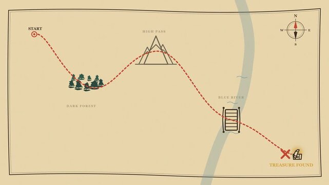 Animated illustrated treasure map with a ship traveling between islands as a route is progressively drawn toward a treasure location.