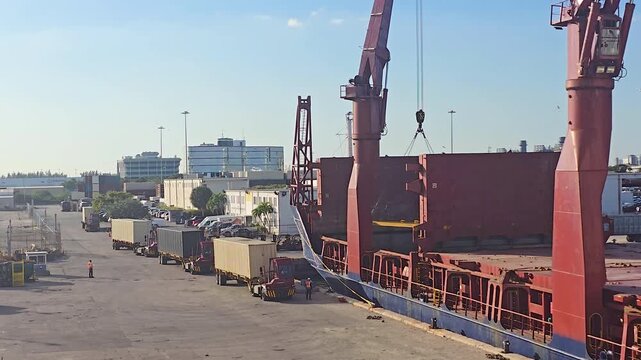 An elevated daytime view of a large geared cargo ship docked at a port terminal, with its crane hook lowered as yard trucks and trailers line up to load or unload shipping containers.
