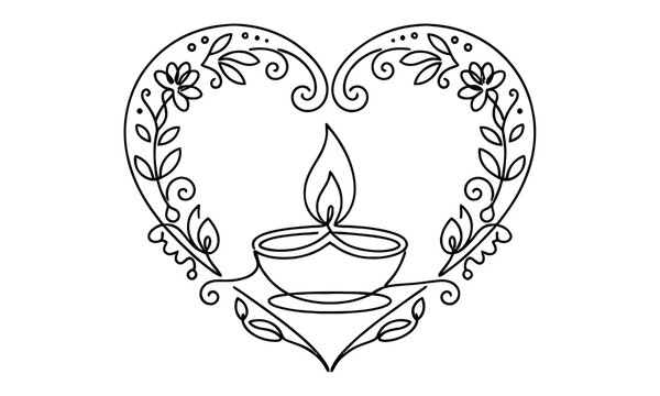 Elegant heart shape with lit candle illustration isolated on transparent background, isolated on white background, Vector Diwali (India, UK heavy buyers) one line art  editable vector design 2026