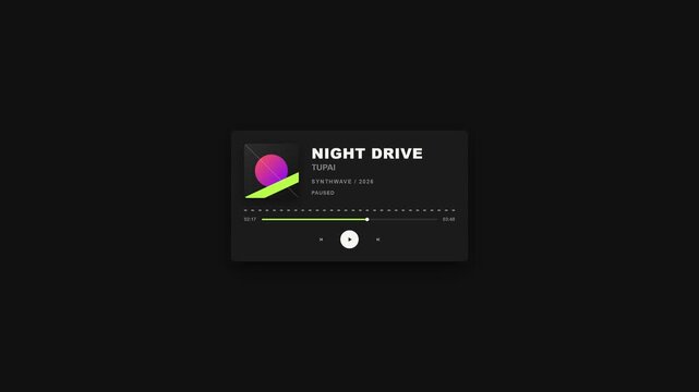 Animated music player interface with rotating album artwork, moving waveform, progress bar, playback controls, and interactive volume controls.