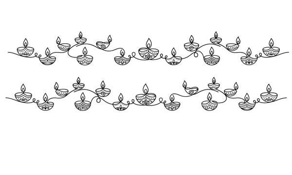 Elegant vintage teacups and saucers decorative border illustration isolated on transparent background, isolated on white background, Vector Diwali (India, UK heavy buyers) one line art  editable vecto
