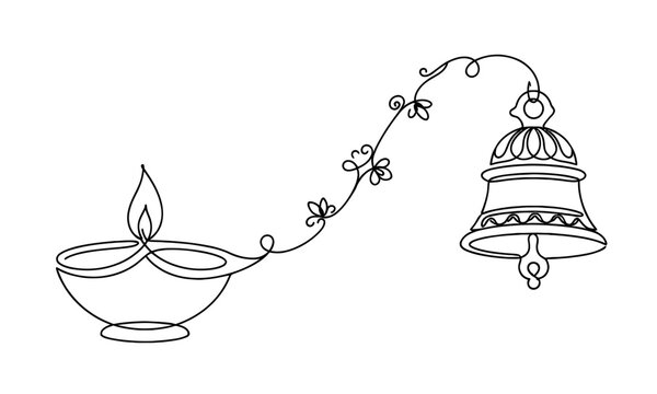 Diya lamp connected to hanging bell with decorative string illustration isolated on transparent background, isolated on white background, Vector Diwali (India, UK heavy buyers) one line art  editable 