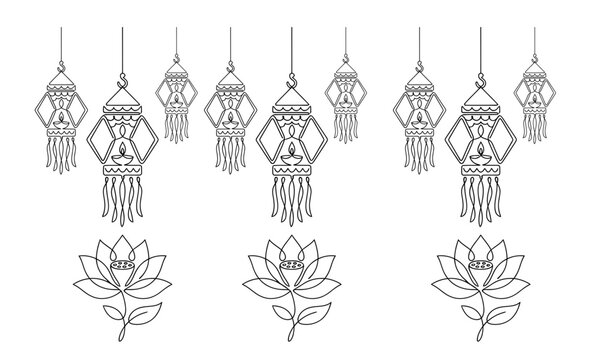 Set of hanging dreamcatchers and leaf decorations in minimalist style isolated on transparent background, isolated on white background, Vector Diwali (India, UK heavy buyers) one line art  editable ve
