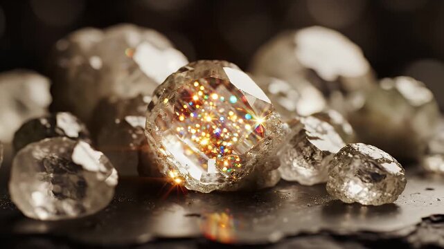 Close-up of rough uncut diamonds with sparkling facets, symbolizing luxury, wealth, and raw precious gemstones.