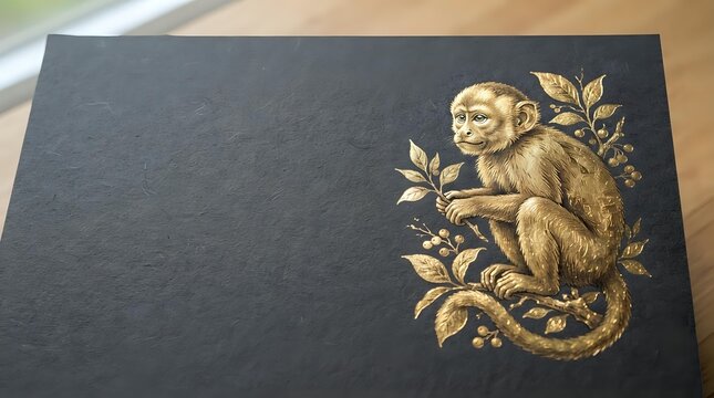 Monkey sitting on branch with golden foliage, engraved style