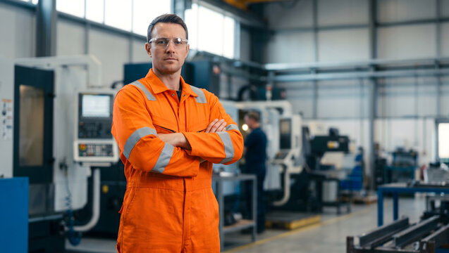 Worker, Uniform. Worker in orange safety uniform with crossed arms, blurred background