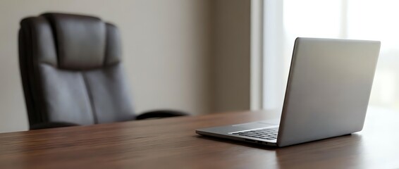 Fototapeta premium Laptop on wooden desk with empty office chair in background